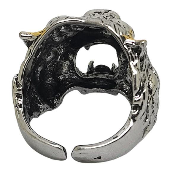 Antiqued Silvertone Red Enamel Gold Embellishments Beast Head Ring - Picture 5 of 6